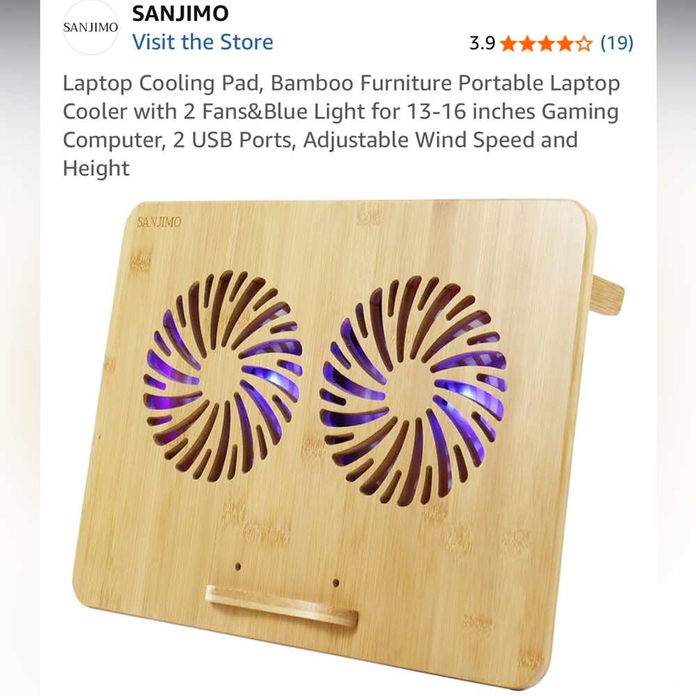 Bamboo Laptop Cooling Pad with Blue LED Fans